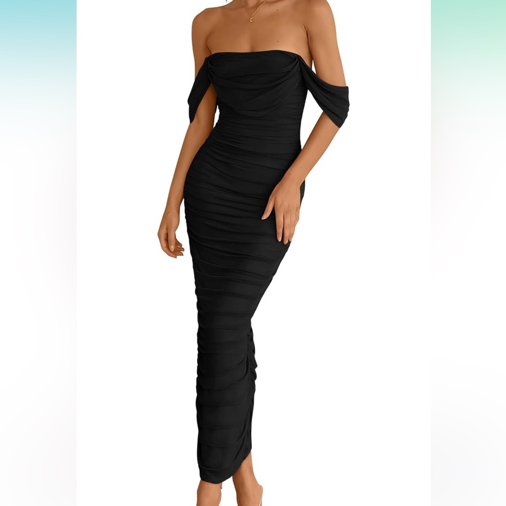 Black ruched bodycon off the shoulder dress
